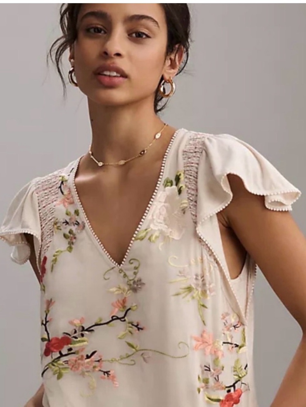 TINY Embroidered V-Neck Floral flutter sleeve  Top. Neutral.